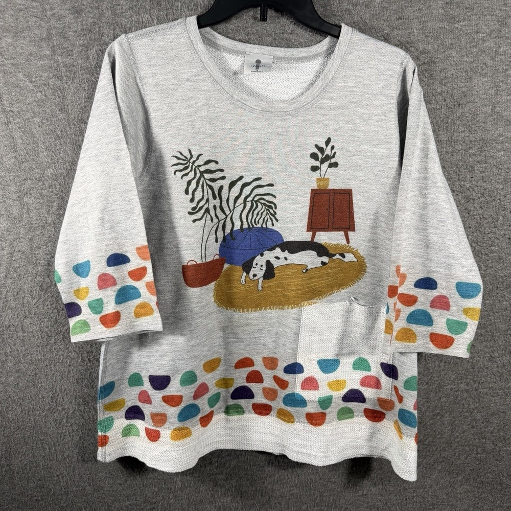 Inoah Dog Shirt Womens M Oversized Dog Puppy Grey Polka Dot Art To Wear USA Made